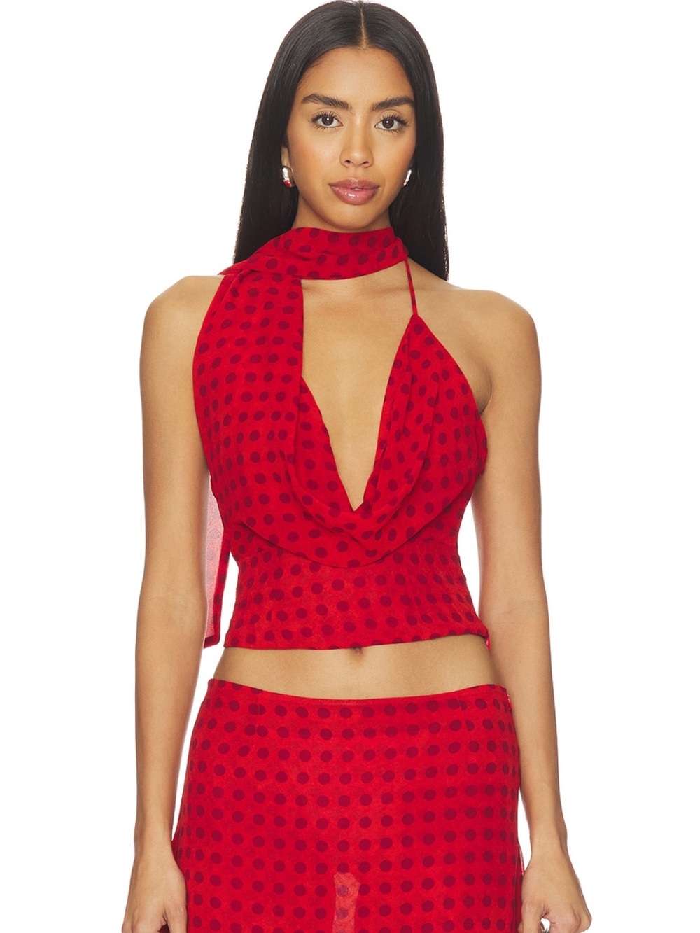 Red Polka Dot Halter Camisole with Draped Scarf Neckline